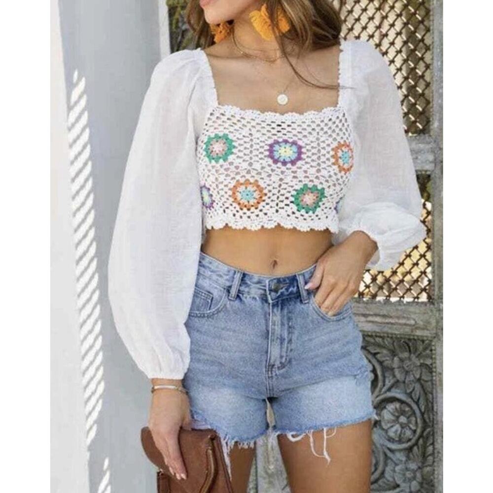 Aerie White Crochet Knit Crop Top Billowing Sleeves Cottage Core Size Large